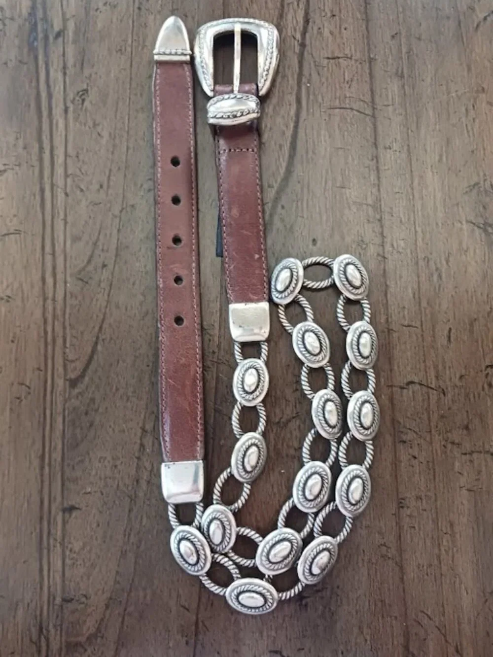 Vtg Women’s Brighton Brown Leather Silver Plated Chain Belt Sz M 37409